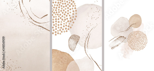 Cuadros en Lienzo Blush, pink, ivory, beige watercolor Illustration and gold elements, on white background