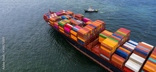 Container cargo ship  import export global business worldwide logistic and transportation, Container ship supply chain crisis, logistic crisis, Aerial view container cargo vessel boat freight ship.