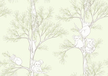 Koala Bear Seamless Pattern. Colored Vector Illustration. On Soft Green Background