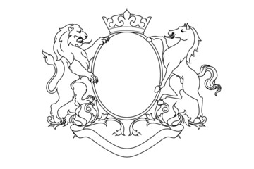 A coat of arms crest heraldic medieval rampant lion and horse for royal family shield. Outline vintage motif with filigree leaf heraldry.