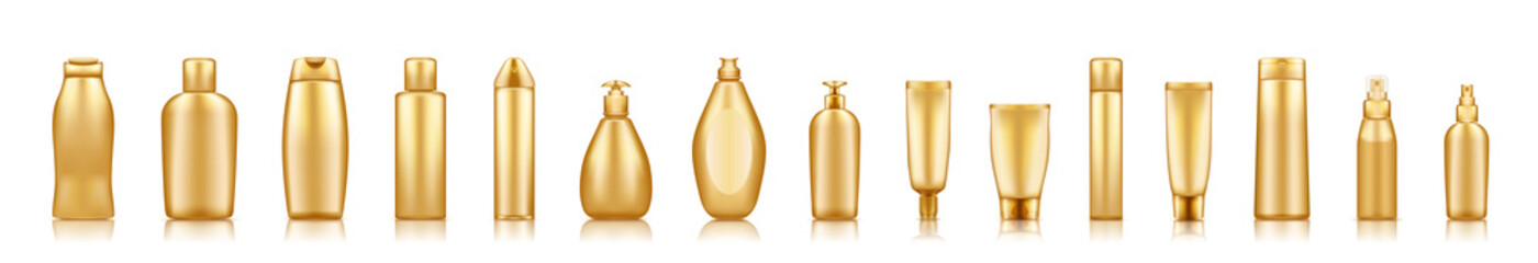 Gold cosmetic bottles mockups on white background: shower gel, shampoo, lotion, hairspray. Plastic package design. Blank cosmetic, hygiene and skin care template. Set of 3d vector illustrations
