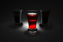 Three Two Color Double Alcoholic Short Drink On Black White Background