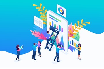 Wall Mural - isometric concept data collection by workers, the process of analyzing data on the tablet. concept f