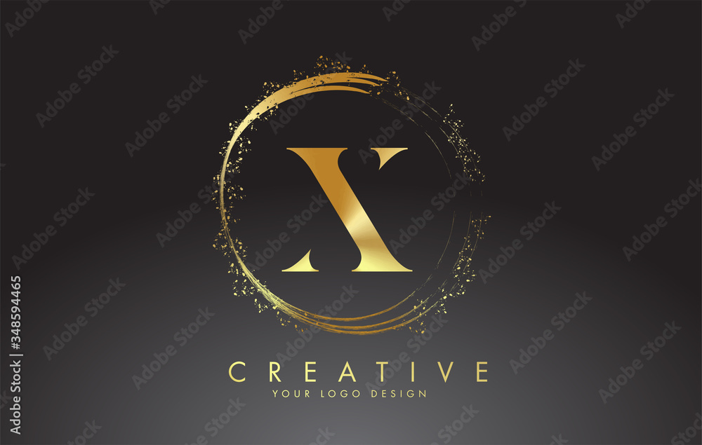 X golden letter logo with golden sparkling rings and dust glitter on a ...