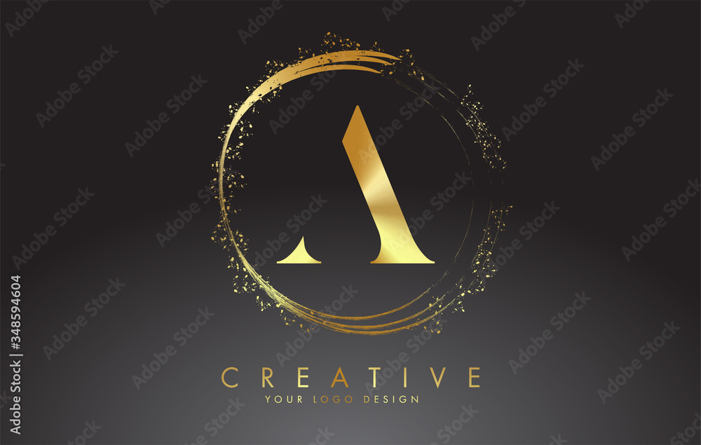 A golden letter logo with golden sparkling rings and dust glitter on a ...