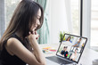 © khwanchai - Work at home and social distancing concept, woman talking to her colleagues about plan in video conference in house, meeting and planning online as covid 19 or corona virus disease