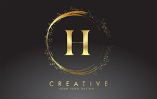 H Golden Letter Logo With Golden Sparkling Rings And Dust Glitter On A Black Background. Luxury Decorative Shiny Vector Illustration.