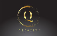 Q Golden Letter Logo With Golden Sparkling Rings And Dust Glitter On A Black Background. Luxury Decorative Shiny Vector Illustration.