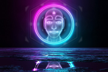 Wall Mural - Robot head in circle illuminating the floor with blue and pink neon light 3D rendering