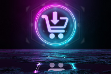 Poster - Digital shopping holographic icon illuminating the floor with blue and pink neon light 3D rendering