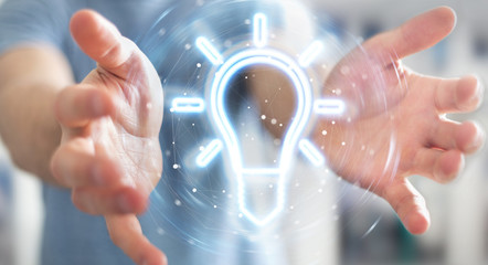 Fototapete - Man using lightbulb neon digital interface 3D rendering