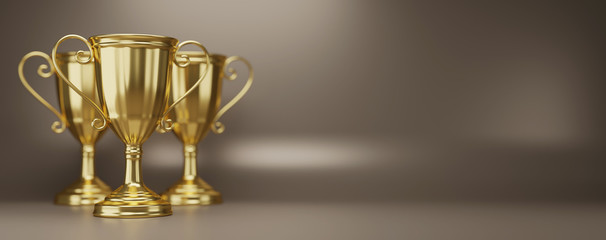Wall Mural - golden trophy cup on gold background. copy space for text. 3d rendering.