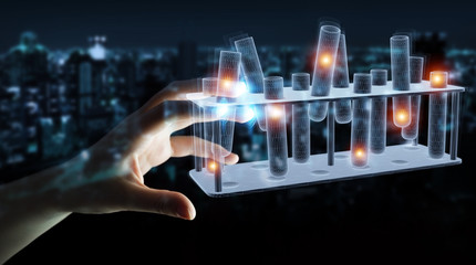 Aufkleber - Man hand holding and touching holographic tubes samples projection 3D rendering