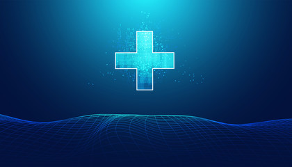 Abstract health science consist health plus digital technology concept  modern medical on hi tech future blue background.