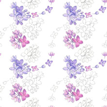 Lilac Watercolor And Pen Ink Seamless Pattern. Spring, Summer Blossom, Beautiful, Artistic Floral Background For Wallpaper, Gift Wrapping Paper, Textile Design. 