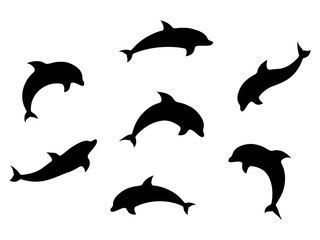  Dolphin set black silhouettes vector illustration isolated on white.
