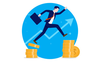 Leinwandbilder - Salary increase - Man jumping from low income to higher pay with raising graph in background in blue circle. Career, investment and business growth concept. Vector illustration.