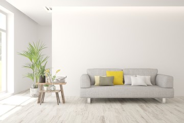 White living room with sofa. Scandinavian interior design. 3D illustration