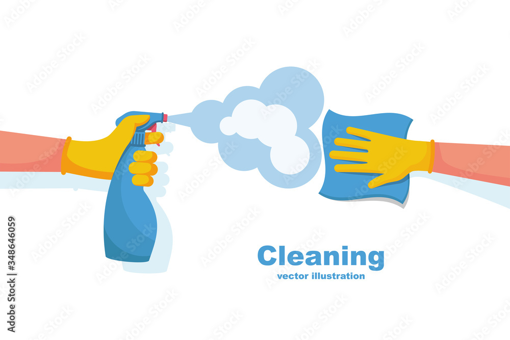 Surface cleaning in house. Cleaning with spray detergent. Spraying antibacterial sanitizing spray. Prevention coronavirus COVID-19. Napkin in the hands. Protective rubber gloves. Hygiene home vector. - obrazy, fototapety, plakaty 
