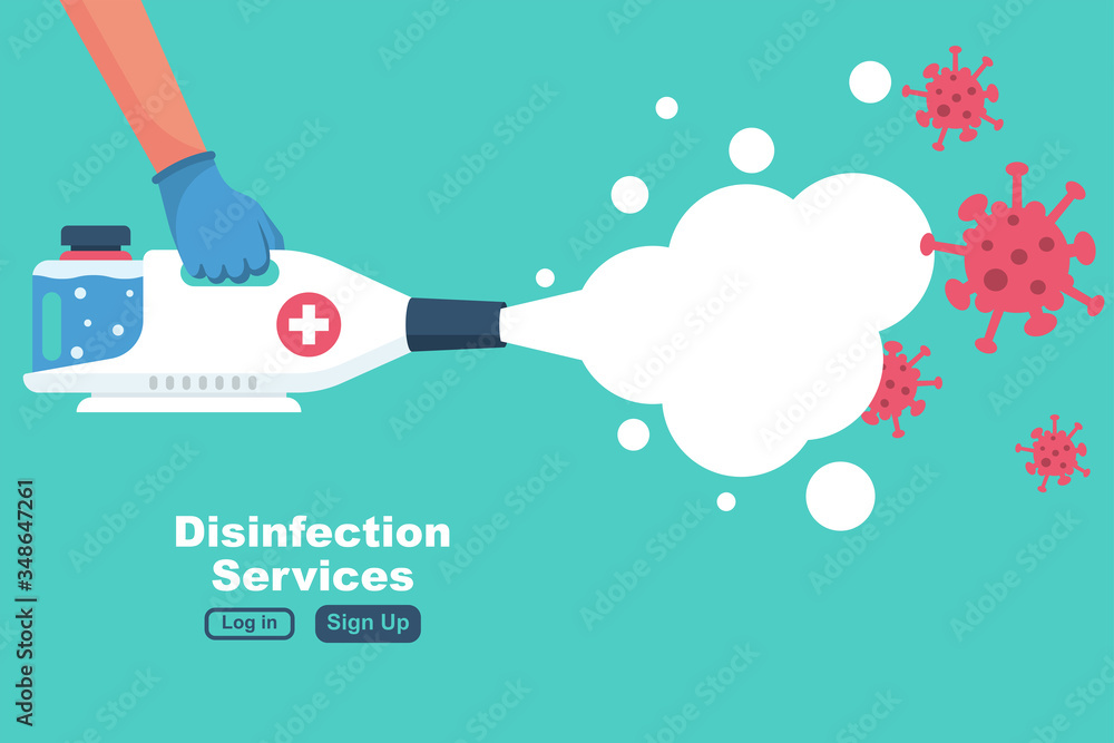 Disinfection services concept. Prevention controlling epidemic of coronavirus covid-2019. Worker in chemical protection disinfects. Vector illustration flat design. Cleaner in hand. Runaway virus. - obrazy, fototapety, plakaty 