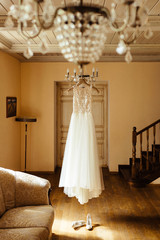 wedding dress in the bedroom