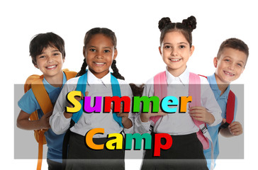 Poster - Group of little children with backpacks on white background. Summer camp