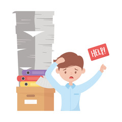 Poster - stress at work, stressed worker with help board pile of documents binders on box