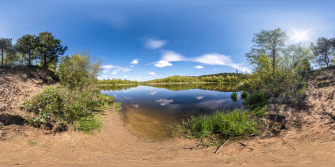 Wall Mural - seamless spherical hdri panorama 360 degrees angle view on grass coast of huge river or lake in sunny summer day and windy weather in equirectangular projection with zenith and nadir, VR AR content