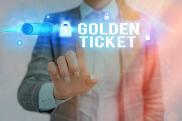 Word writing text Golden Ticket. Business photo showcasing Rain Check Access VIP Passport Box Office Seat Event