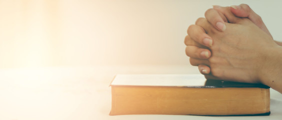 Wall Mural - The hand of a Christian woman rests on the Bible to pray for God.