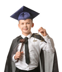 Portrait of little judge on white background