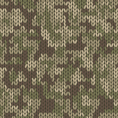 Wall Mural - Military decorative knitted camouflage with high detail made fabric texture. Vector khaki green camo seamless pattern.