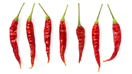 Hot red dry chili peppers isolated on white background, banner. Top view, flat lay.