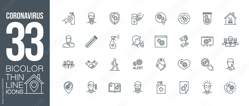 Prevention and symptoms Coronavirus Covid 19 line icons set isolated on white. Perfect outline health medicine symbols pandemic banner. Quality design elements virus treatment with editable Stroke - obrazy, fototapety, plakaty 
