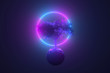Abstract neon background, mystical cosmic tree sprouting through a round planet in the light of a neon glowing round frame, pink blue glowing, 3d illustration