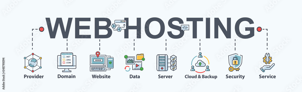 Web hosting banner web icon for business, domain, website, SEO, data, cloud service, backup, support, security and service. Flat cartoon vector infographic. - obrazy, fototapety, plakaty 