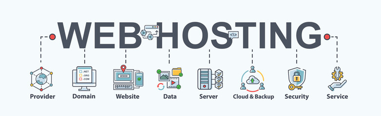 Web hosting banner web icon for business, domain, website, SEO, data, cloud service, backup, support, security and service. Flat cartoon vector infographic.
