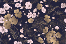 Floral Vintage Seamless Pattern With Japanese Cherry. Pink, Gold And Navy Blue Color.