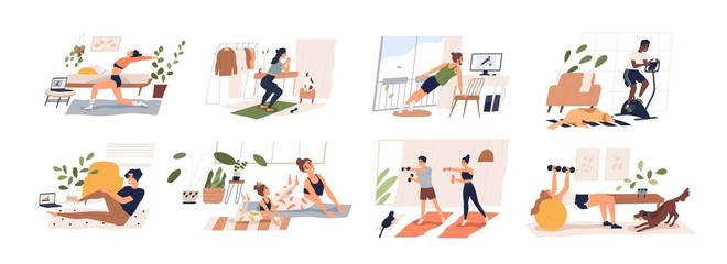 Wall Mural - People doing exercises with dumbbell, squat, practice yoga, cycling. Men, women, families and couples doing sports at home. Home workout collection. Vector illustration in flat cartoon style