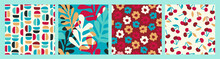 Abstract Collection Of Seamless Patterns With Flowers, Cherry And Leaves And Geometric Shapes
