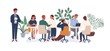 © Good Studio - New employee at collective vector flat illustration. Male afraid public speaking in front of audience isolated on white. Chief giving dull team meeting to colleagues demonstrating lack of interest
