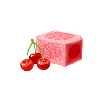 Turkish Delight, Lokum. Traditional Oriental Sweet Candy With Cherry. Vector Illustration Cartoon Icon Isolated On White.