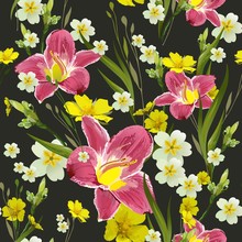 Bright Floral Pattern, With Flowers Of Lilies And Leaves. Seamless Vector Botanical Background With Plant Elements. Bright Pink Garden Lilies And Different Wildflowers Are Located On A Dark Background