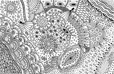 Wall Mural - Black and white doodle outline abstract pattern. Coloring page with outline abstract detailed ornament. Psychedelic texture. Vector illustration