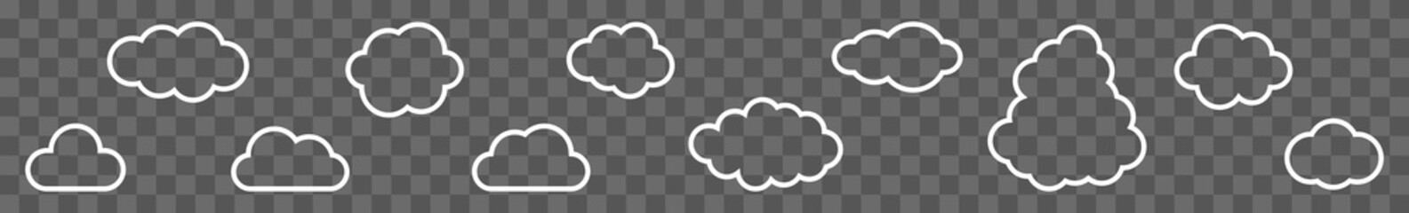 Wall Mural - Cloud Icon White Line | Clouds Illustration | Weather Climate Symbol | Computing Storage Logo | Cartoon Bubble Sign | Isolated | Variations