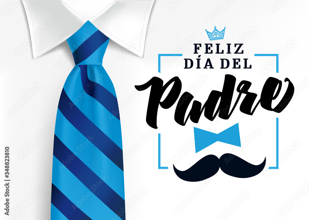 Feliz dia del padre spanish elegant lettering, translate: Happy fathers day. Father day vector illustration with text, crown and mustache. Congratulation card or sale banner - obrazy, fototapety, plakaty 