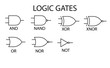 Digital logic gate symbols, black isolated on white background, vector illustration.