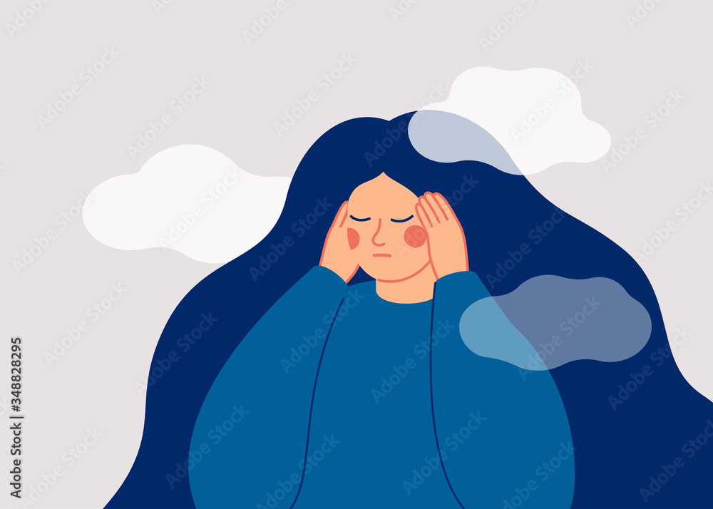 The sad woman touches her temples with her hands and suffers from a headache. A depressed girl suffers from temporary memory loss and confusion. Vector illustration - obrazy, fototapety, plakaty 