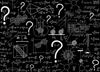 Wall Mural - scientific vector seamless pattern with math and physical figures, plots, formulas, equations and qu
