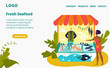 © partyvector - Seafood stall and fresh fish street shop store market with sea food in fridge, seller and customer website flat vector illustration. Raw fish and seafood products online internet shop template.